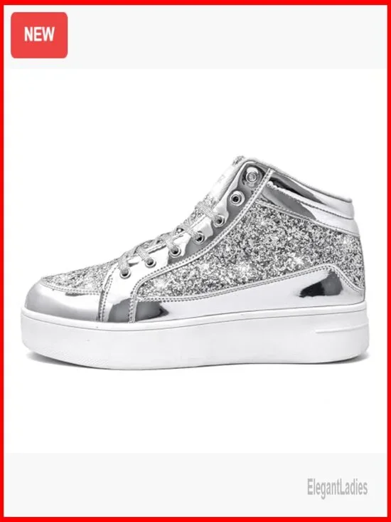 Women's Platform Glitter Sneakers High Top Sparkly Dressy Sequin Metallic - Picture 5 of 7